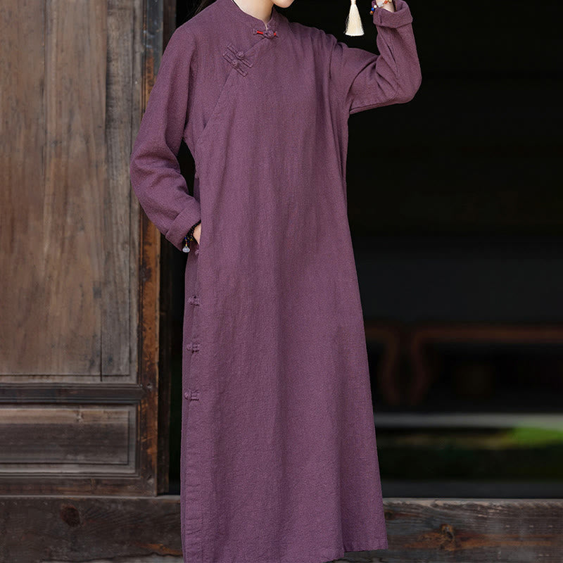 Vestido midi de lino y algodón con diseño chino de rana, manga larga y bolsillos, con estampado de Buddha Stones otoñales - image 13