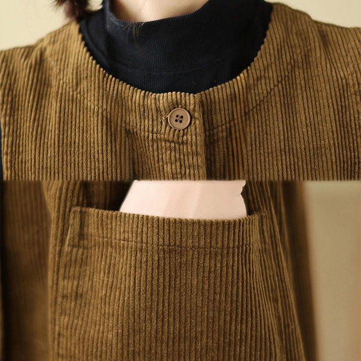 Vestido midi sin mangas de pana de algodón con diseño retro de Buddha Stones otoñales y bolsillos. - image 18