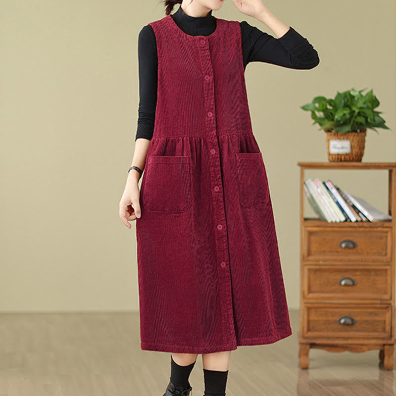 Vestido midi sin mangas de pana de algodón con diseño retro de Buddha Stones otoñales y bolsillos. - image 22
