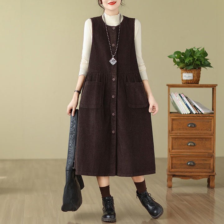 Vestido midi sin mangas de pana de algodón con diseño retro de Buddha Stones otoñales y bolsillos. - SaddleBrown - US12, UK/AU16, EU44 (3XL) - image 0