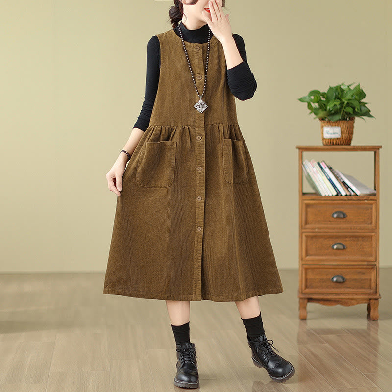 Vestido midi sin mangas de pana de algodón con diseño retro de Buddha Stones otoñales y bolsillos. - image 14