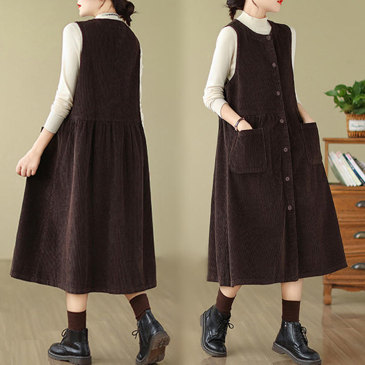 Vestido midi sin mangas de pana de algodón con diseño retro de Buddha Stones otoñales y bolsillos. - image 3