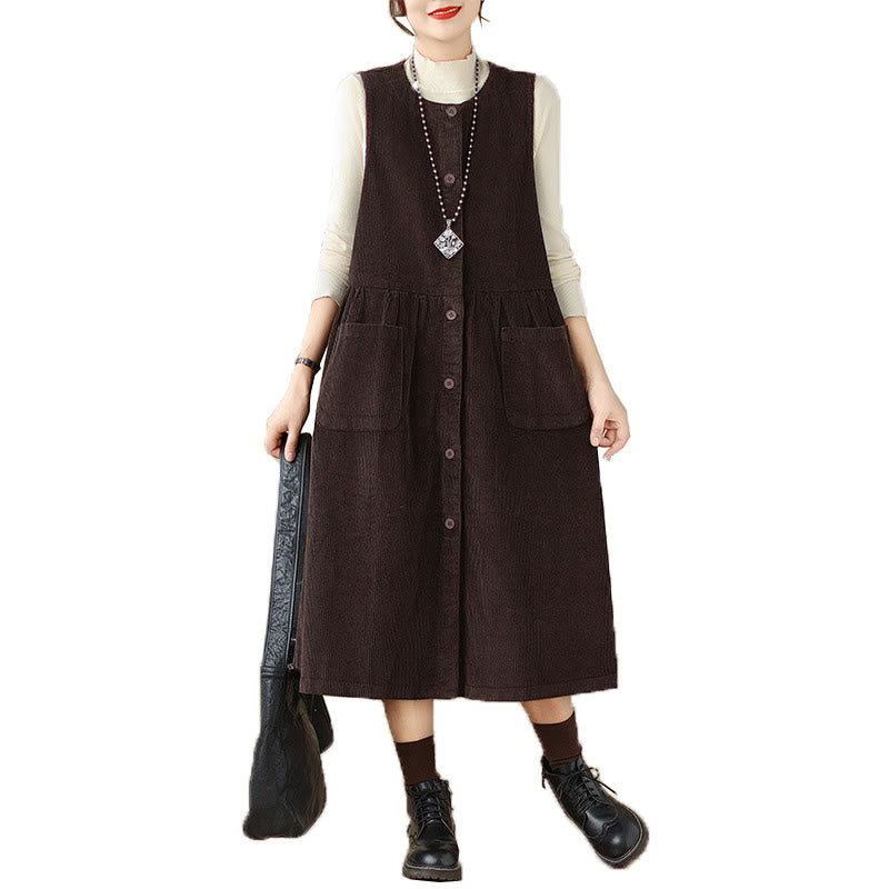 Vestido midi sin mangas de pana de algodón con diseño retro de Buddha Stones otoñales y bolsillos. - image 5