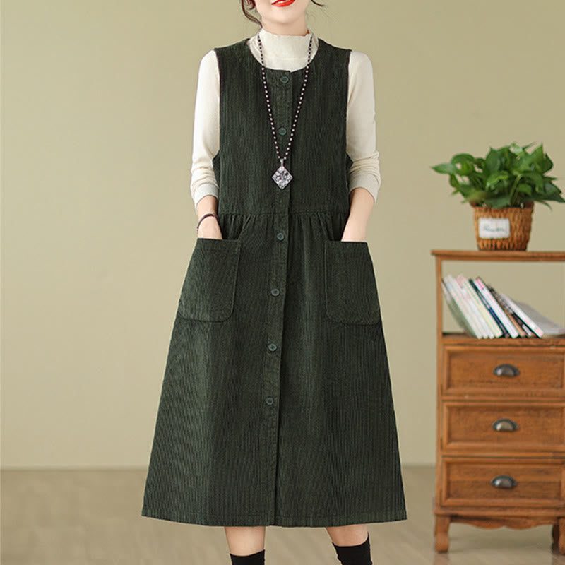 Vestido midi sin mangas de pana de algodón con diseño retro de Buddha Stones otoñales y bolsillos. - image 9