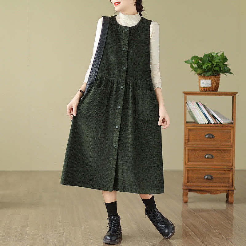 Vestido midi sin mangas de pana de algodón con diseño retro de Buddha Stones otoñales y bolsillos. - Verde oscuro - US12, UK/AU16, EU44 (3XL) - image 6