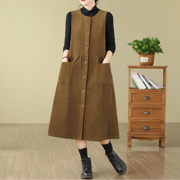Vestido midi sin mangas de pana de algodón con diseño retro de Buddha Stones otoñales y bolsillos. - image 15