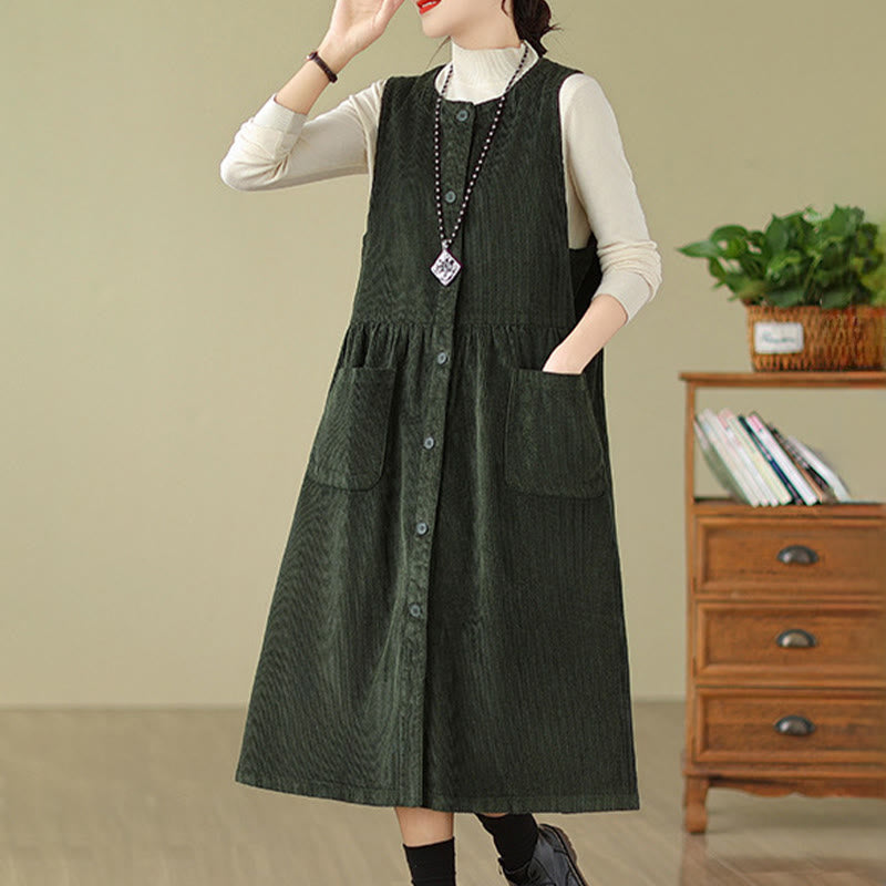 Vestido midi sin mangas de pana de algodón con diseño retro de Buddha Stones otoñales y bolsillos. - image 8