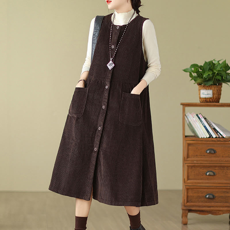 Vestido midi sin mangas de pana de algodón con diseño retro de Buddha Stones otoñales y bolsillos. - image 2