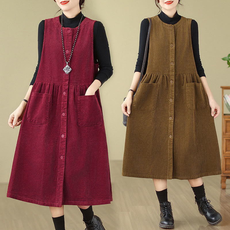 Vestido midi sin mangas de pana de algodón con diseño retro de Buddha Stones otoñales y bolsillos. - image 25