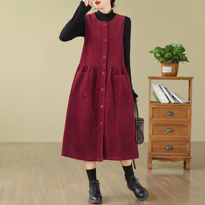 Vestido midi sin mangas de pana de algodón con diseño retro de Buddha Stones otoñales y bolsillos. - Carmesí - US12, UK/AU16, EU44 (3XL) - image 20
