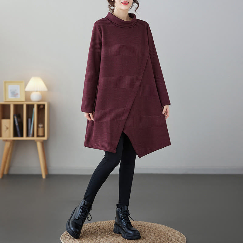Vestido midi de algodón de manga larga con cuello alto, bolsillos y diseño de dobladillo irregular de Buddha Stones para invierno - image 5