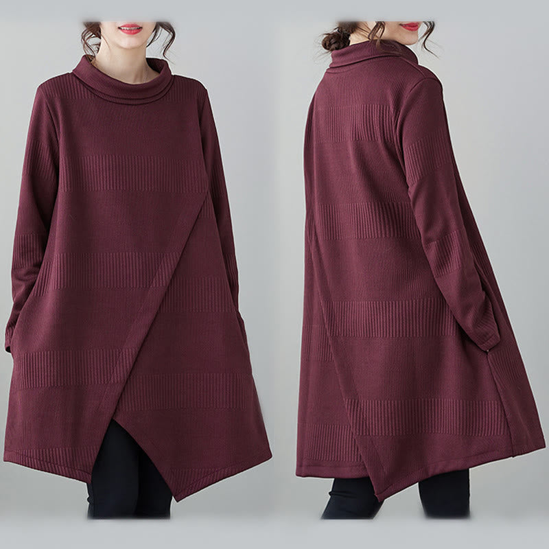 Vestido midi de algodón de manga larga con cuello alto, bolsillos y diseño de dobladillo irregular de Buddha Stones para invierno - image 10