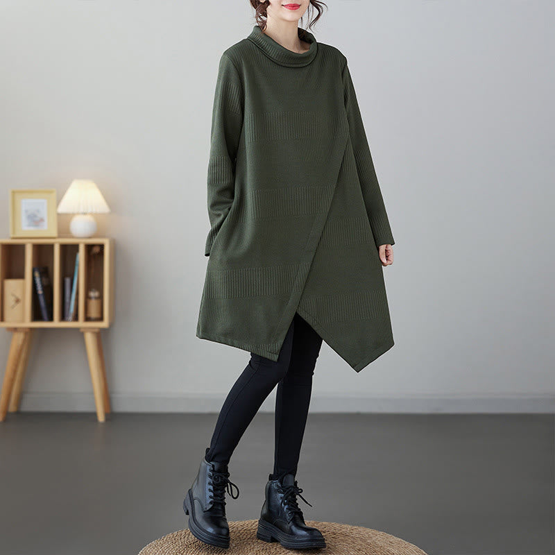 Vestido midi de algodón de manga larga con cuello alto, bolsillos y diseño de dobladillo irregular de Buddha Stones para invierno - image 2