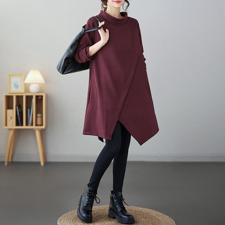 Vestido midi de algodón de manga larga con cuello alto, bolsillos y diseño de dobladillo irregular de Buddha Stones para invierno - Ladrillo refractario - US14，UK/AU18，EU46 (2XL) - image 4
