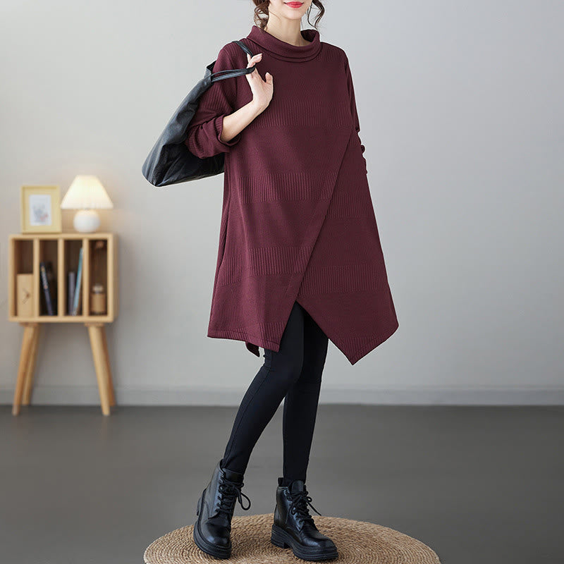 Vestido midi de manga larga con cuello alto y diseño irregular de Buddha Stones para invierno, con bolsillos. - Ladrillo refractario - US14，UK/AU18，EU46 (2XL) - image 4