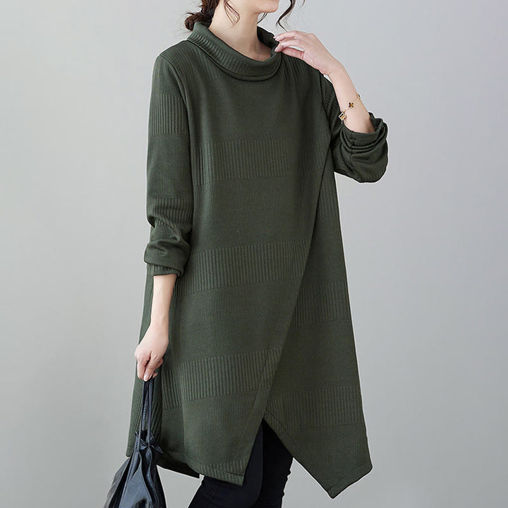 Vestido midi de invierno con diseño de dobladillo irregular, cuello alto, manga larga y bolsillos de Buddha Stones - image 3