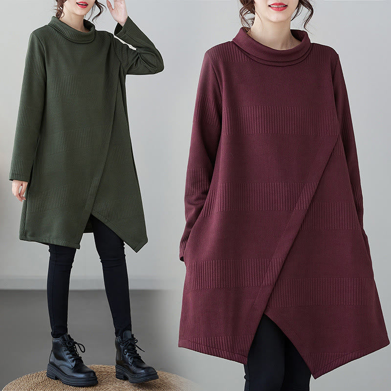 Vestido midi de algodón de manga larga con cuello alto, bolsillos y diseño de dobladillo irregular de Buddha Stones para invierno - image 11