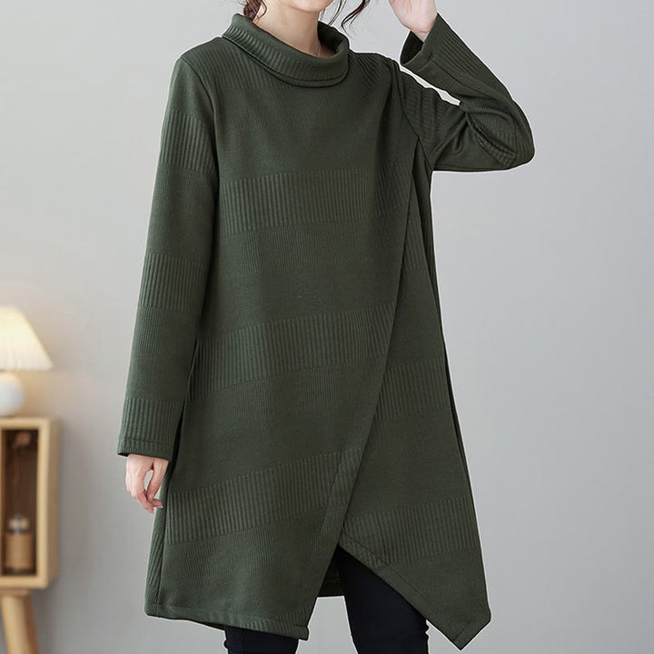 Vestido midi de algodón de manga larga con cuello alto, bolsillos y diseño de dobladillo irregular de Buddha Stones para invierno - Verdemar - US14，UK/AU18，EU46 (2XL) - image 0
