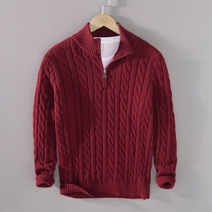 Suéter de algodón de manga larga para hombre con cuello alto, cremallera y textura de invierno de Buddha Stones - Rojo oscuro - US/UK/AU42, EU52 (3XL) - image 1