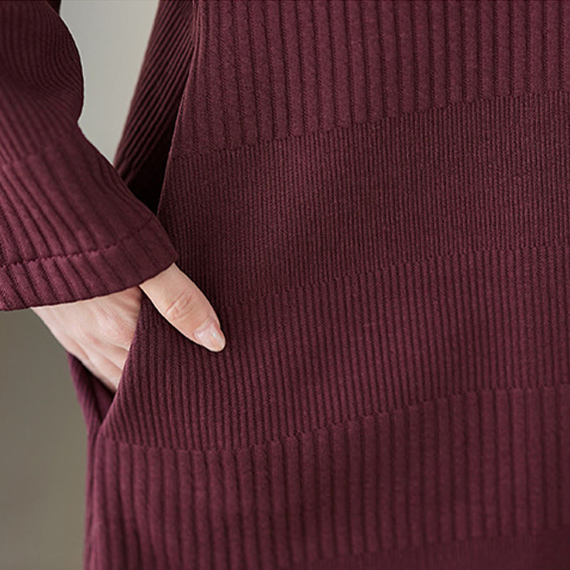 Vestido midi de algodón de manga larga con cuello alto, bolsillos y diseño de dobladillo irregular de Buddha Stones para invierno - image 7