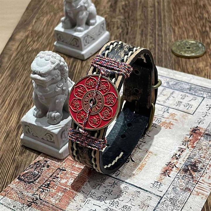Pulsera de cuero con Buddha Stones, cinabrio, loto, bendición Om Mani Padme Hum  - Om Mani Padme Hum y Cinabrio (Circunferencia de la muñeca: 15-18 cm) - image 0
