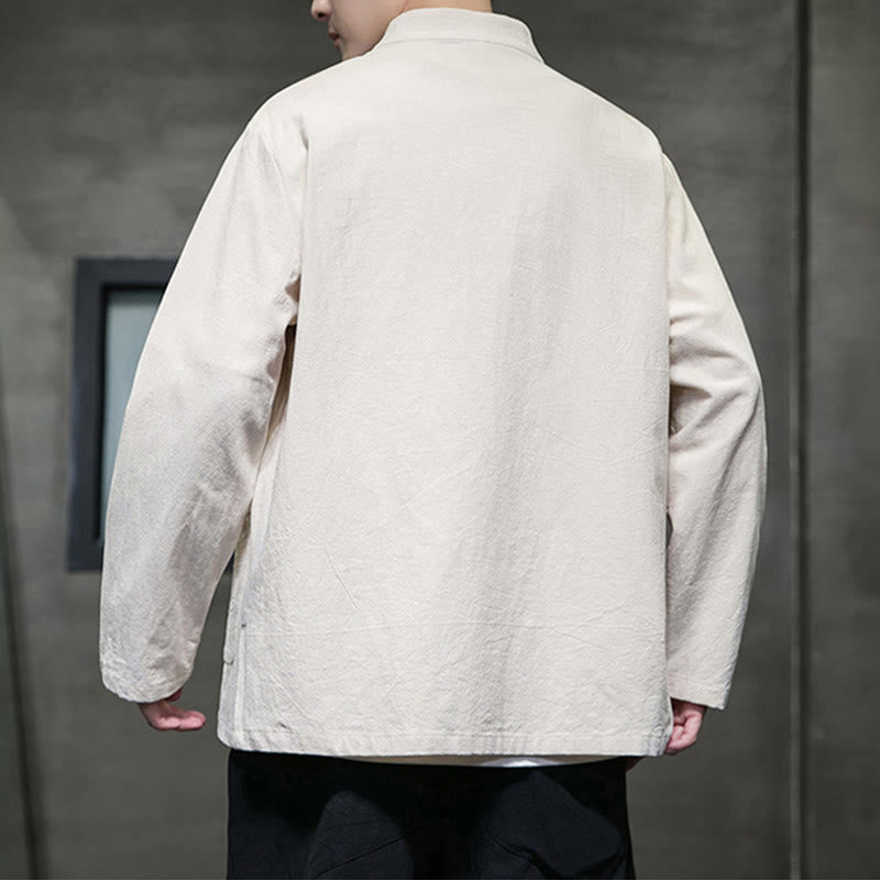 Traje Tang de algodón y lino con botones de rana de color liso y Buddha Stones para hombre, chaqueta y camisa con bolsillos - image 18