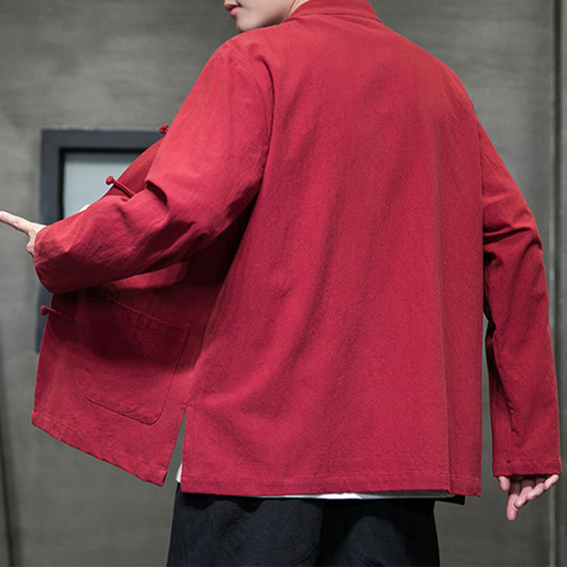 Traje Tang de algodón y lino con botones de rana de color liso y Buddha Stones para hombre, chaqueta y camisa con bolsillos - image 39