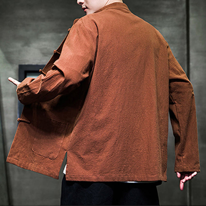 Traje Tang de algodón y lino con botones de rana de color liso y Buddha Stones para hombre, chaqueta y camisa con bolsillos - image 24