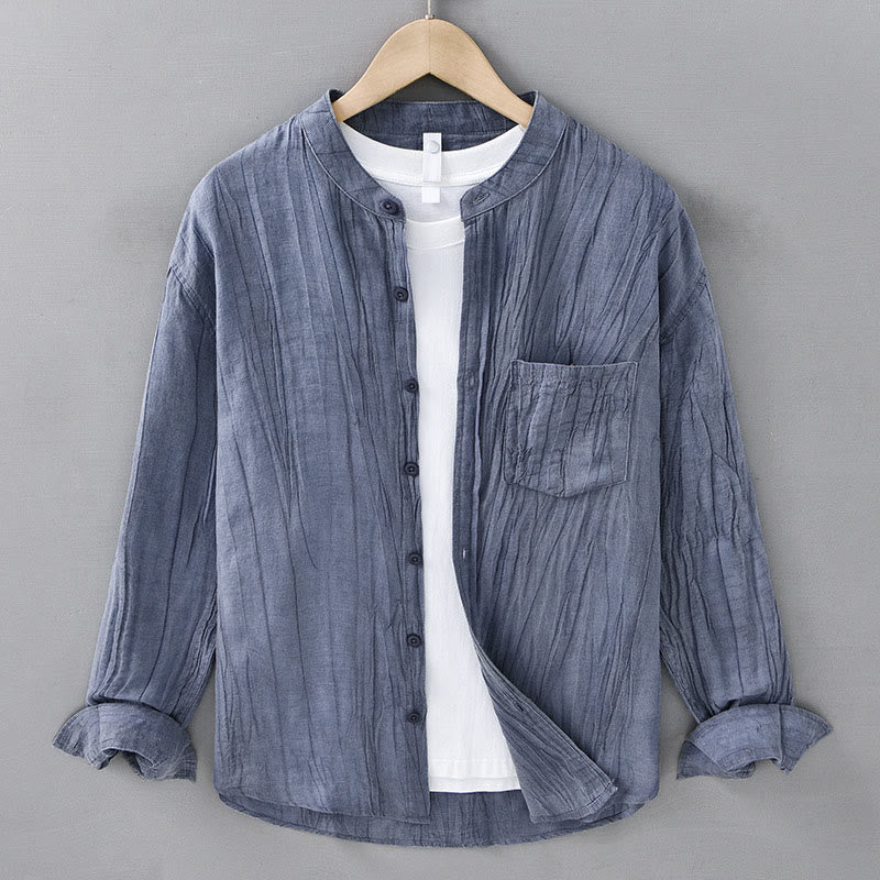 Buddha Stones Camisas de lino ramio para hombre con diseño de pliegues, mangas largas y botones - Azul acero claro - US/UK/AU42, EU52 (3XL) - image 13