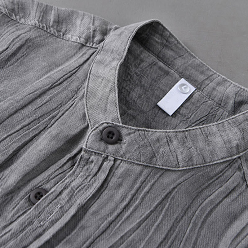 Buddha Stones Camisas de lino ramio para hombre con diseño de pliegues, mangas largas y botones - image 2