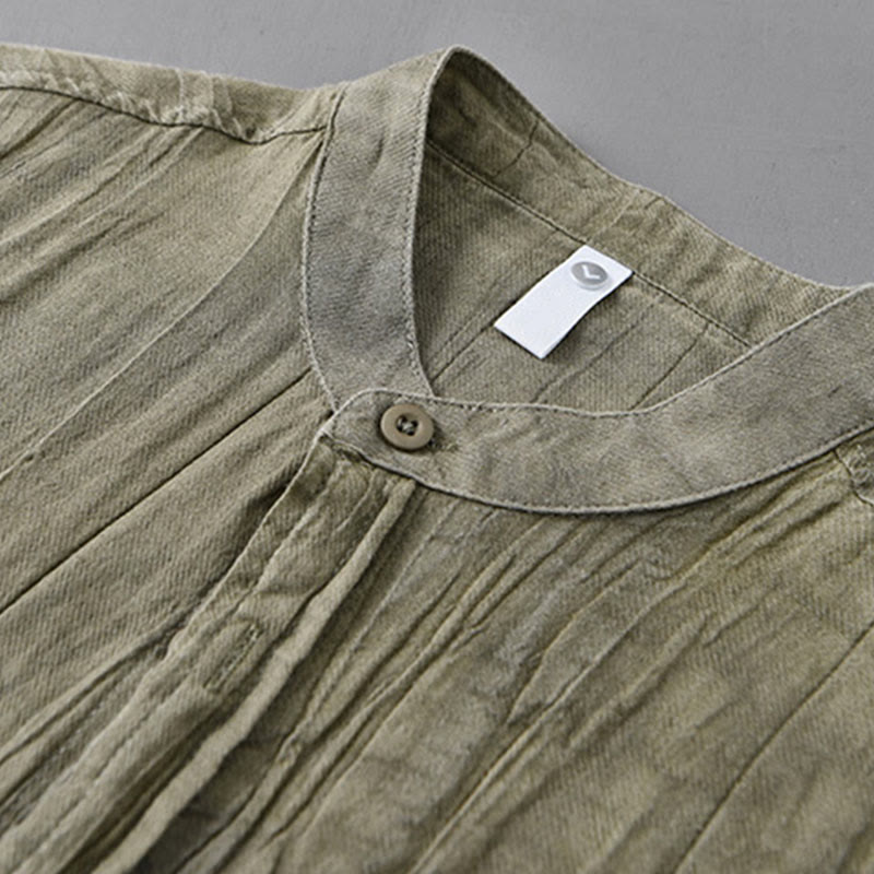 Buddha Stones Camisas de lino ramio para hombre con diseño de pliegues, mangas largas y botones - image 6