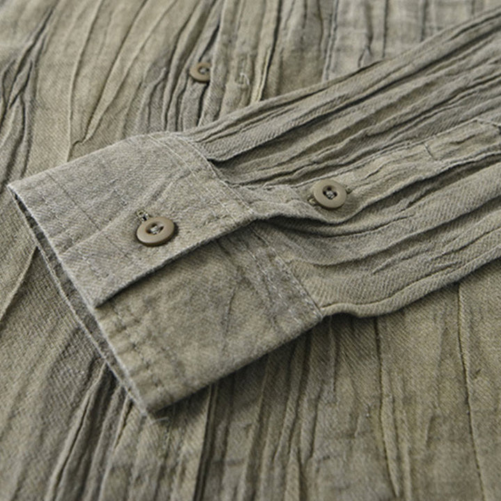 Buddha Stones Camisas de lino ramio para hombre con diseño de pliegues, mangas largas y botones - image 8