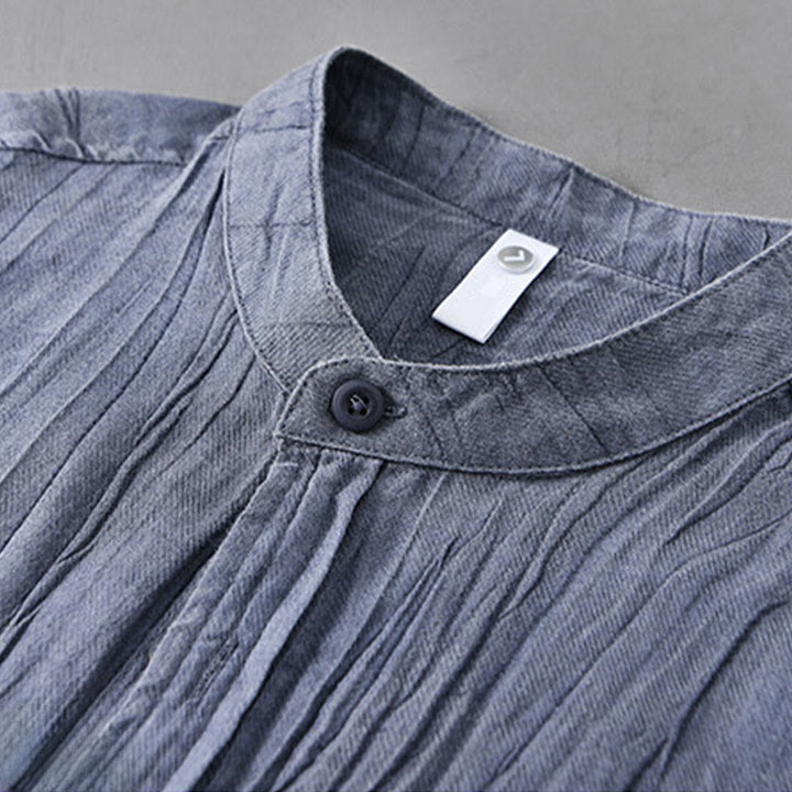 Buddha Stones Camisas de lino ramio para hombre con diseño de pliegues, mangas largas y botones - image 15
