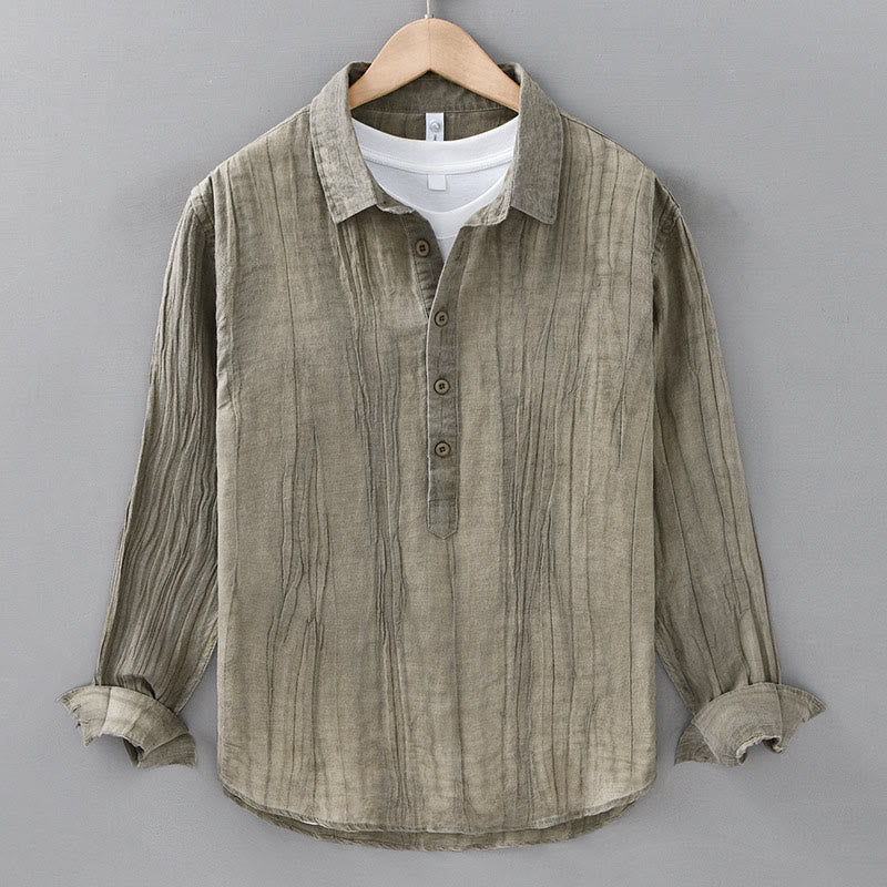 Camisas de lino ramio para hombre con cuello alto, manga larga, arrugas y medio botón, con estampado de Buddha Stones - Caqui oscuro - US/UK/AU42, EU52 (3XL) - image 15