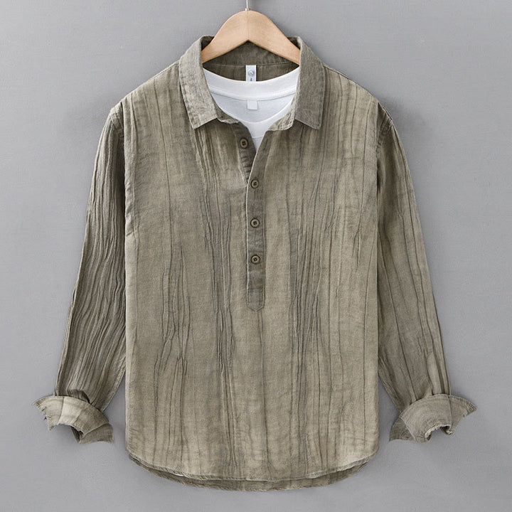 Camisas de lino ramio para hombre con cuello alto, manga larga, arrugas y medio botón, con estampado de Buddha Stones - Caqui oscuro - US/UK/AU42, EU52 (3XL) - image 15