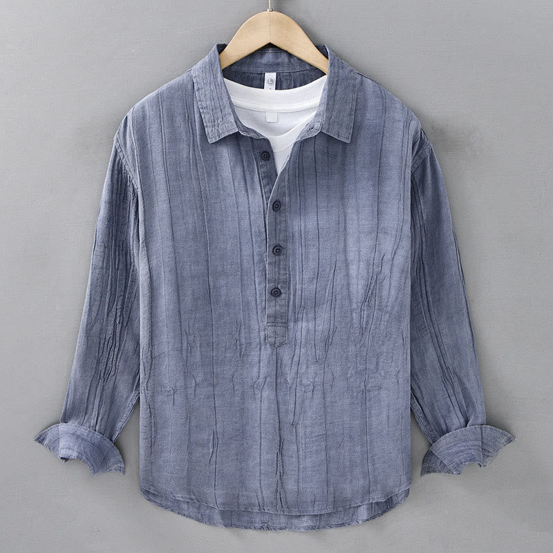 Camisas de lino ramio para hombre con cuello alto, manga larga, arrugas y medio botón, con estampado de Buddha Stones - Azul acero claro - US/UK/AU42, EU52 (3XL) - image 11