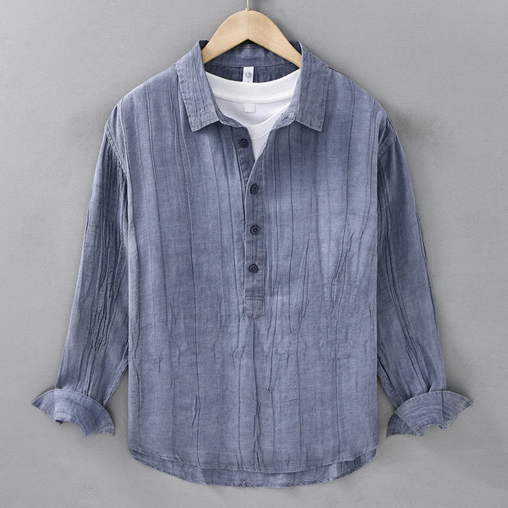 Camisas de lino ramio para hombre con cuello alto, manga larga, arrugas y medio botón, con estampado de Buddha Stones - Azul acero claro - US/UK/AU42, EU52 (3XL) - image 11