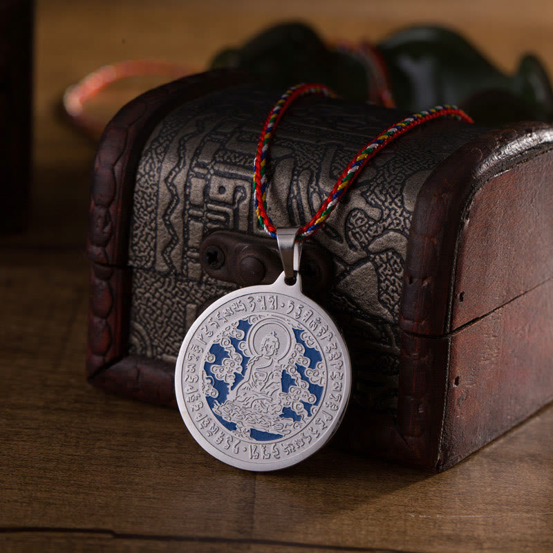 Buddha Stones con colgante de cuerda de colores de acero de titanio con mantra de corazón de Buda de la Medicina Azul y Piedras de Buda - image 7