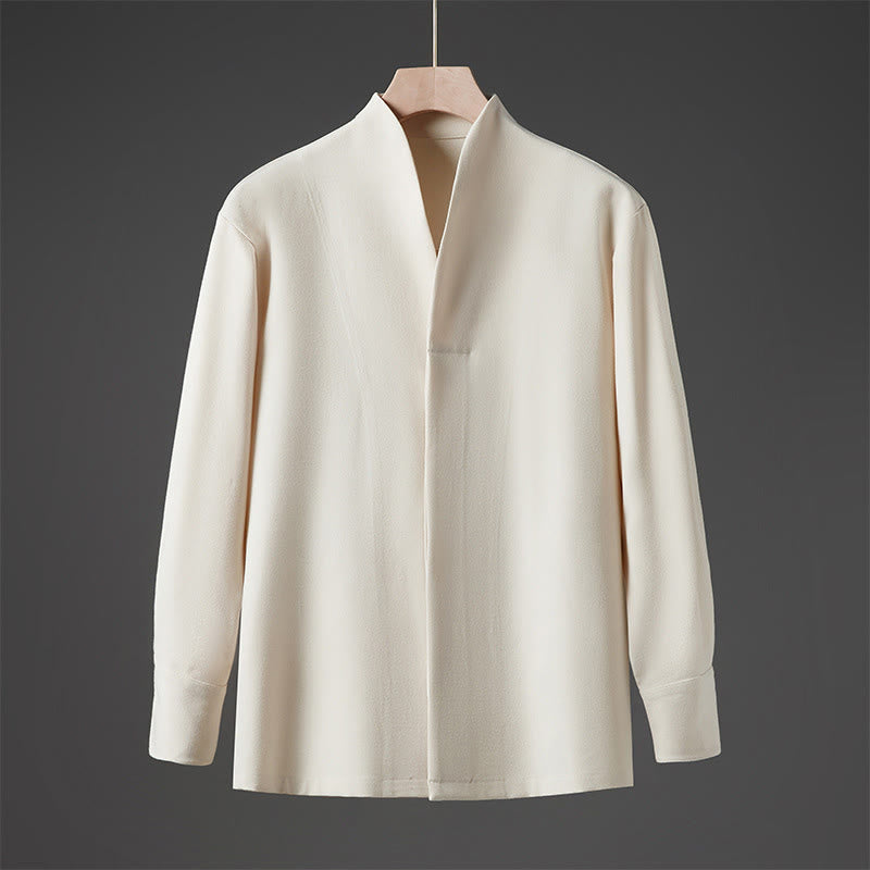 Camisas de hombre con diseño de medio botón oculto y manga larga con estampado de Buddha Stones en color liso y caída - Beige - US/UK/AU46, EU56 (5XL) - image 0