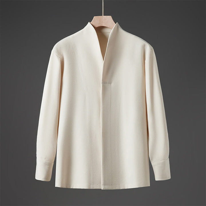 Camisas de hombre con diseño de medio botón oculto y manga larga con estampado de Buddha Stones en color liso y caída - Beige - US/UK/AU46, EU56 (5XL) - image 0