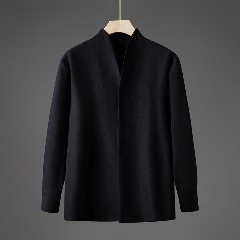 Camisas de hombre con diseño de medio botón oculto y manga larga con estampado de Buddha Stones en color liso y caída - Negro - US/UK/AU46, EU56 (5XL) - image 8