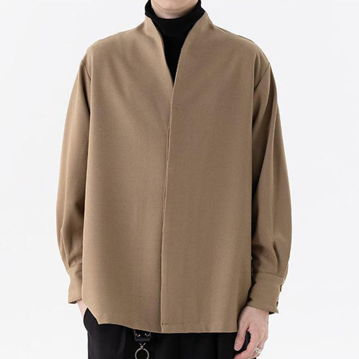 Camisas de hombre con diseño de medio botón oculto y manga larga con estampado de Buddha Stones en color liso y caída - image 12