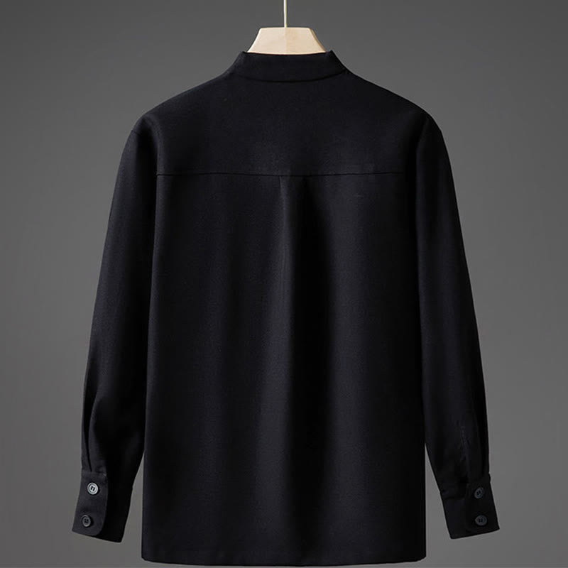 Camisas de hombre con diseño de medio botón oculto y manga larga con estampado de Buddha Stones en color liso y caída - image 9