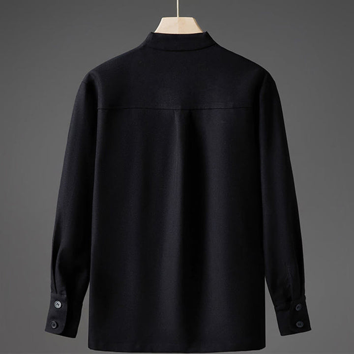 Camisas de hombre con diseño de medio botón oculto y manga larga con estampado de Buddha Stones en color liso y caída - image 9