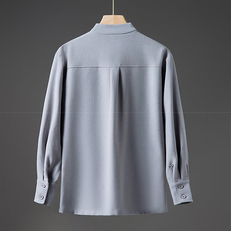 Camisas de hombre con diseño de medio botón oculto y manga larga con estampado de Buddha Stones en color liso y caída - image 14
