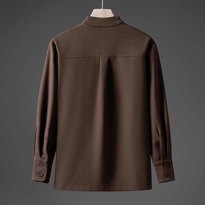 Camisas de hombre con diseño de medio botón oculto y manga larga con estampado de Buddha Stones en color liso y caída - image 16