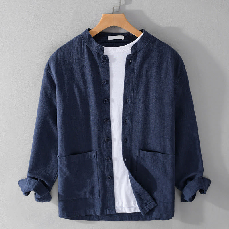 Camisas de hombre de algodón ramio con botones, manga larga y bolsillos, de Buddha Stones - Azul acero - US/UK/AU42, EU52 (3XL) - image 19