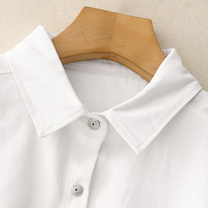 Camisa informal de algodón liso con cuello alto y manga larga para mujer de Buddha Stones - image 11