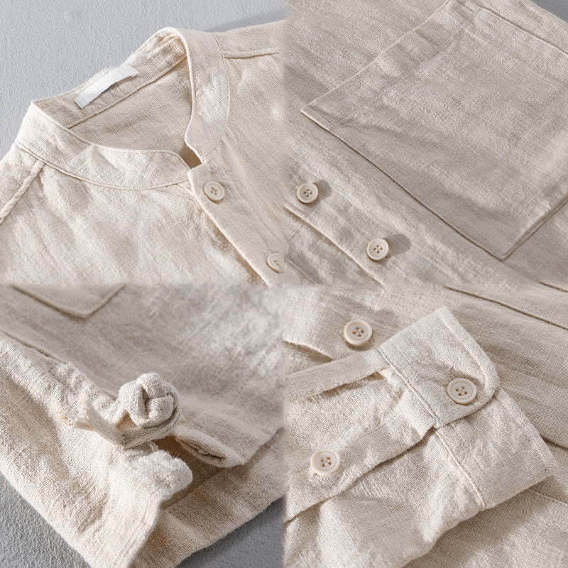 Camisas de hombre de algodón ramio con botones, manga larga y bolsillos, de Buddha Stones - image 16