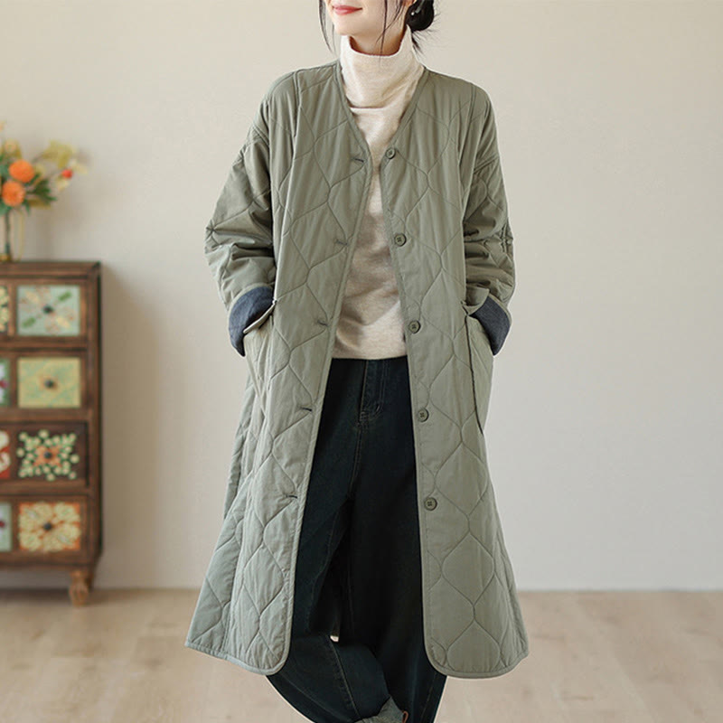 Abrigo acolchado de algodón con botones lisos y bolsillos para mujer de Buddha Stones - Verde mar oscuro - US14，UK/AU18，EU46 (2XL) - image 0